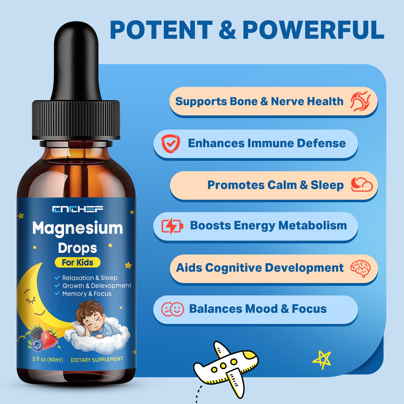 Child-friendly mixed berry flavored magnesium drops with omega-3 and L-Theanine