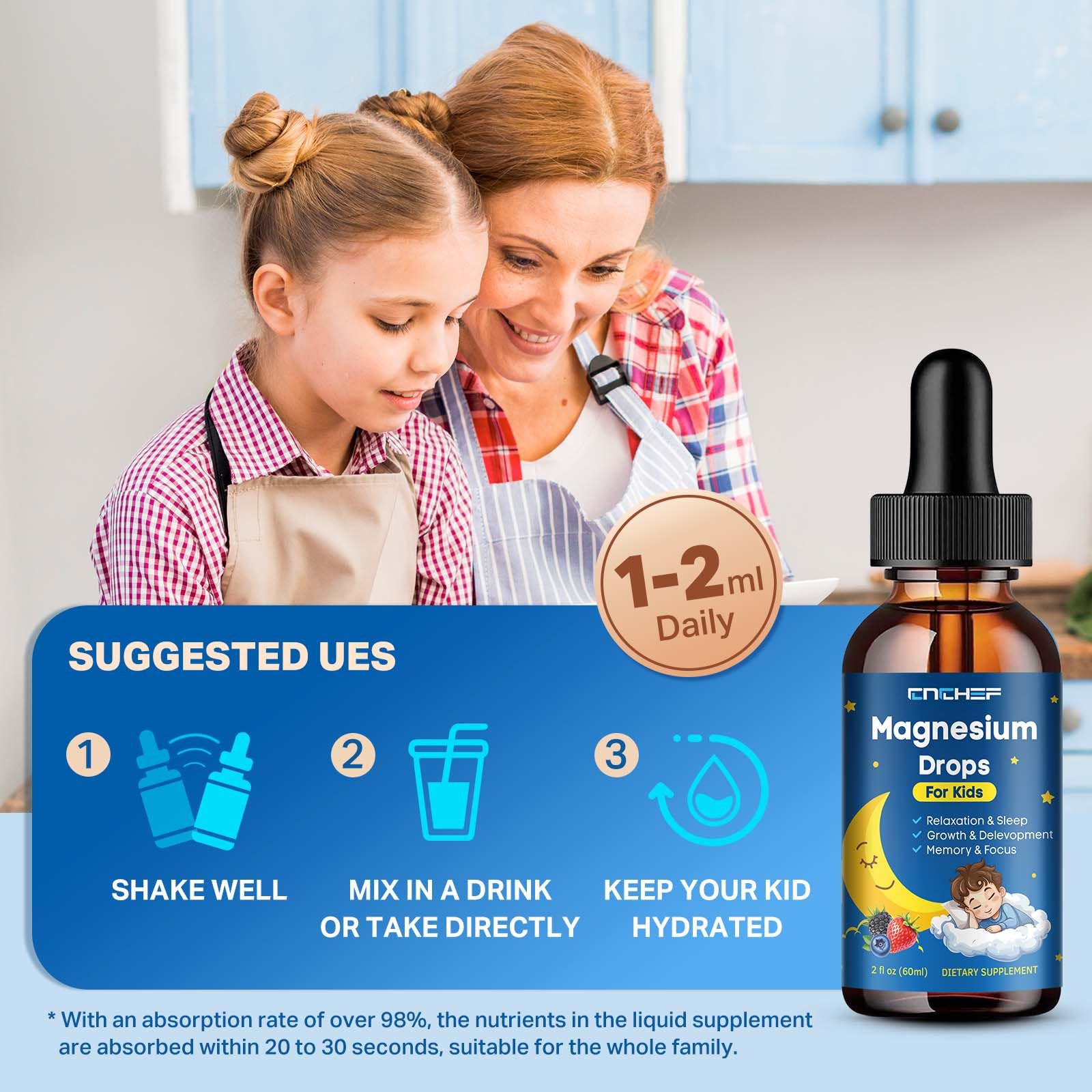 Focus and mood support visuals for children using magnesium drops