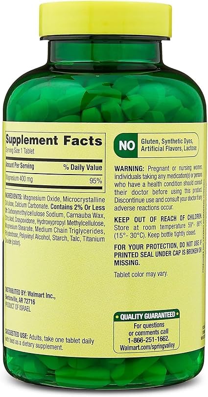 Front view of Spring Valley magnesium supplement packaging
