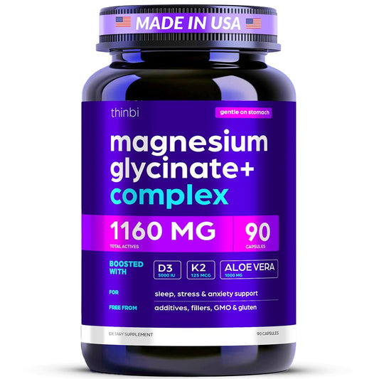 Product bottle: Magnesium Glycinate 1160mg + Aloe Vera, D3 & K2 complex