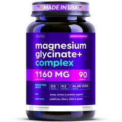 Product bottle: Magnesium Glycinate 1160mg + Aloe Vera, D3 & K2 complex