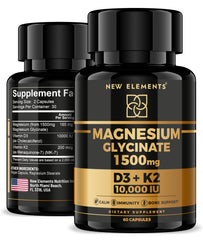 Bottle of Magnesium Glycinate 1500mg with Vitamin D3 K2 (10,000 IU) front view