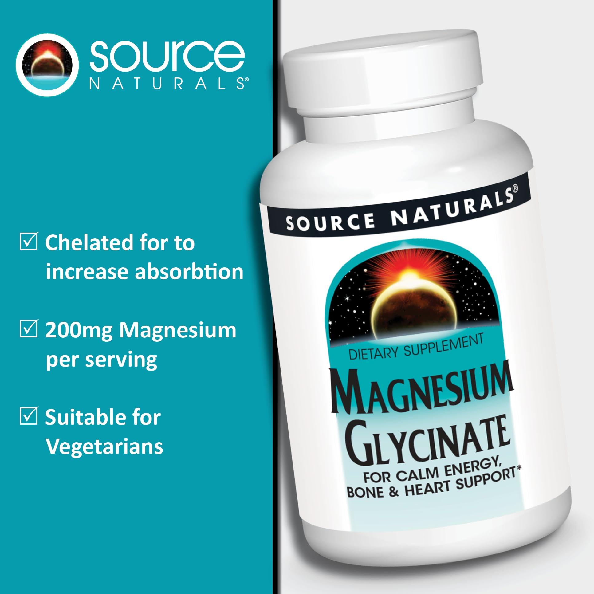 Infographic showing 200 mg per serving for magnesium glycinate