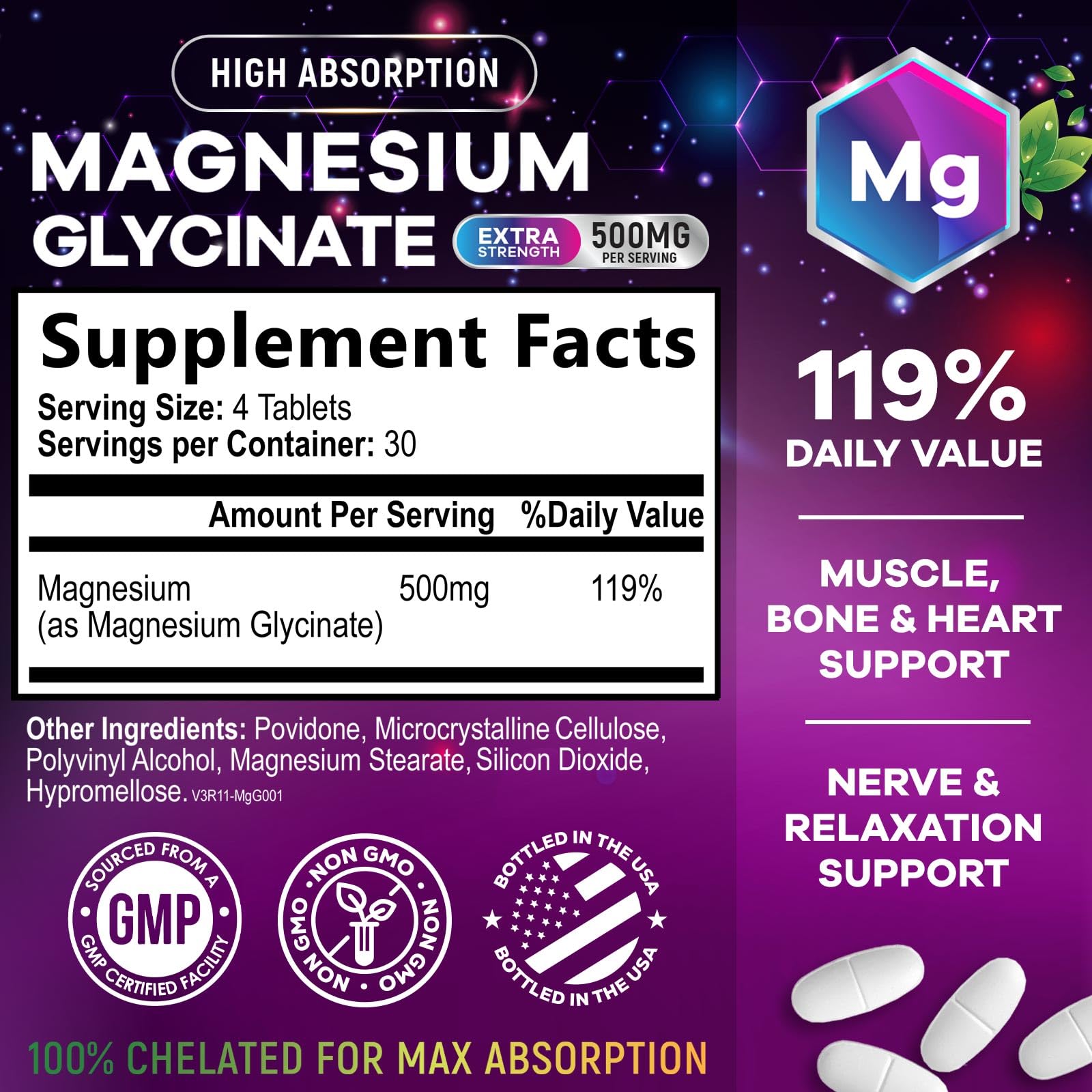 Close-up of Magnesium Glycinate 250mg label
