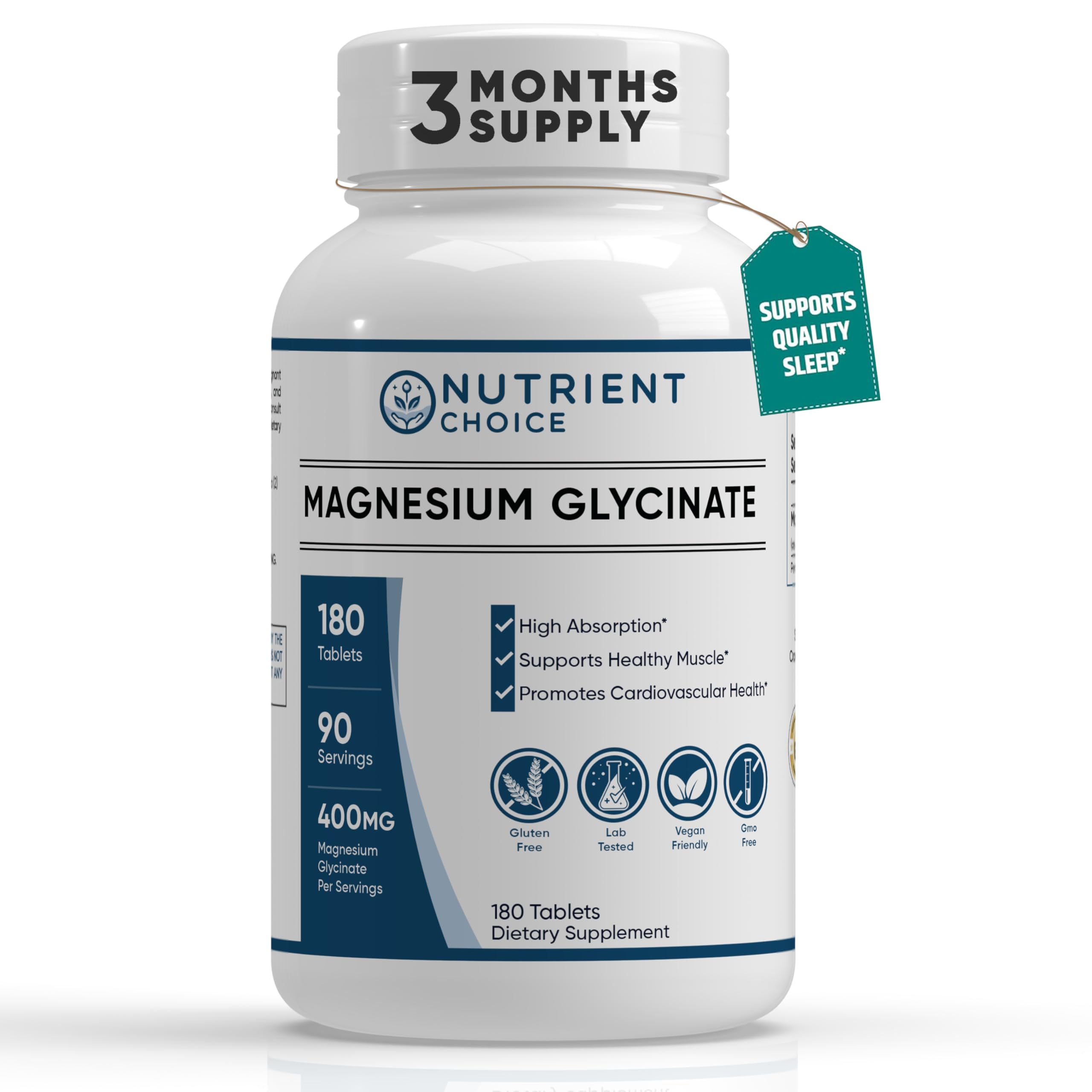 Bottle of 400 mg Magnesium Glycinate, 180 tablets