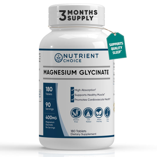 Bottle of 400 mg Magnesium Glycinate, 180 tablets