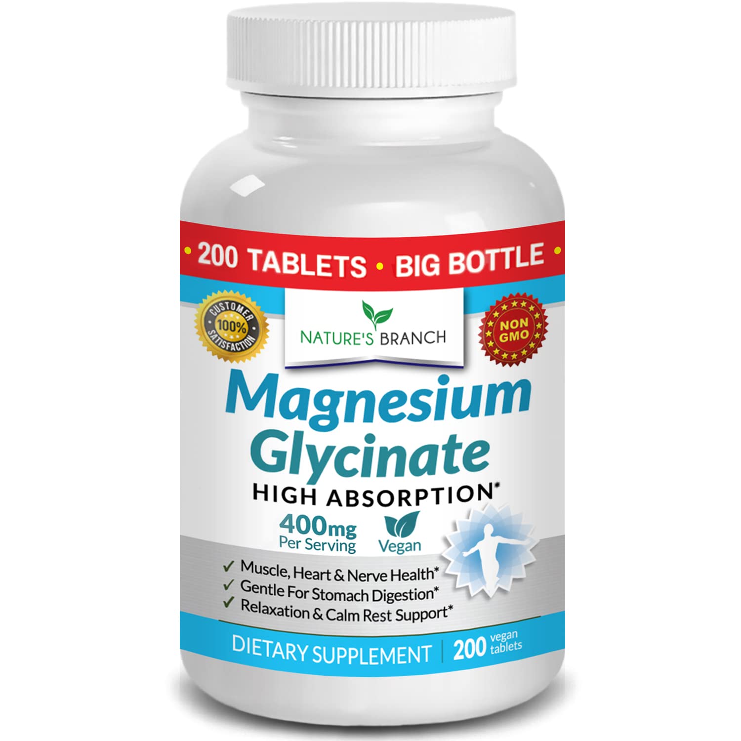 Front packaging of magnesium glycinate 400 mg 200 tablets