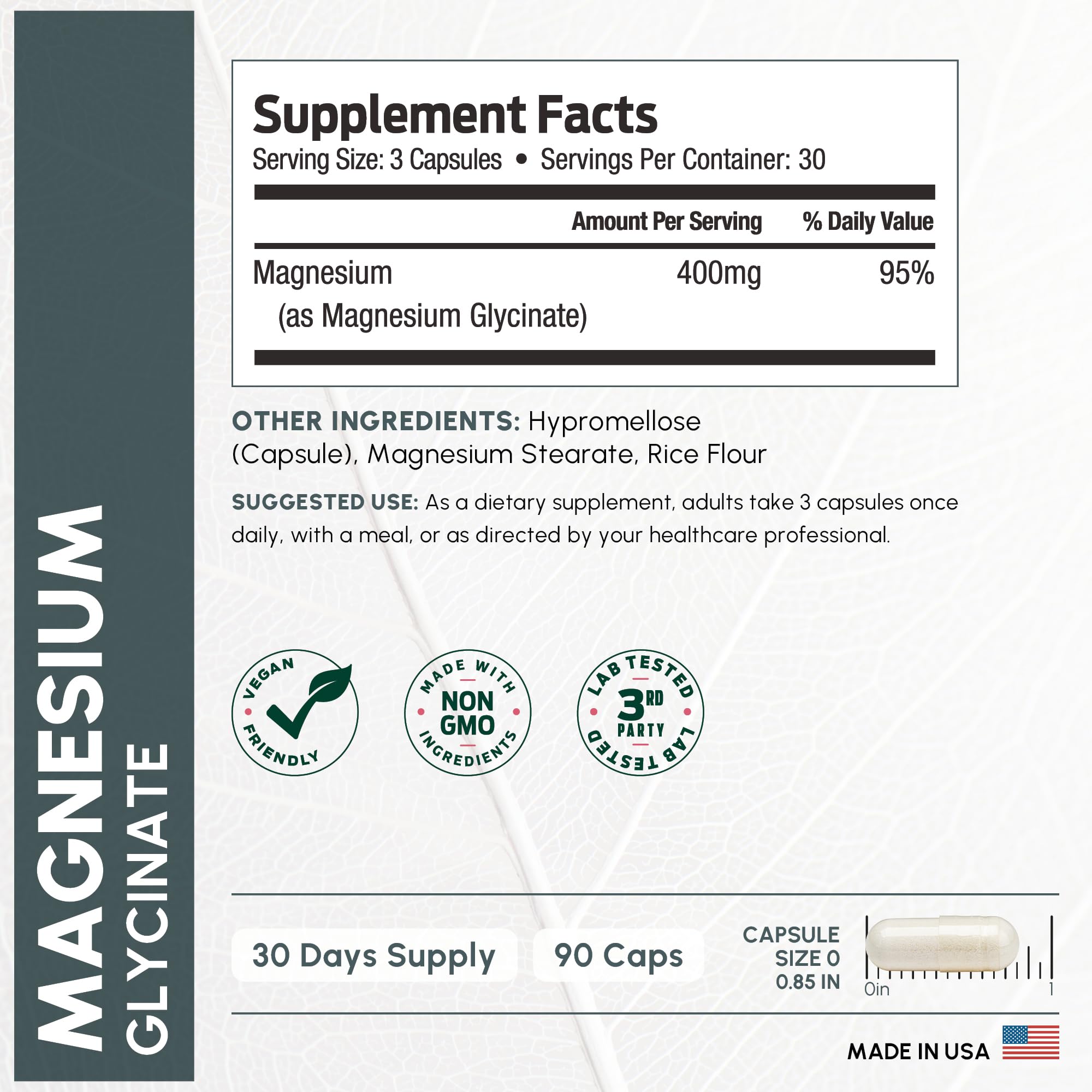 Label highlighting 400mg high absorption magnesium glycinate