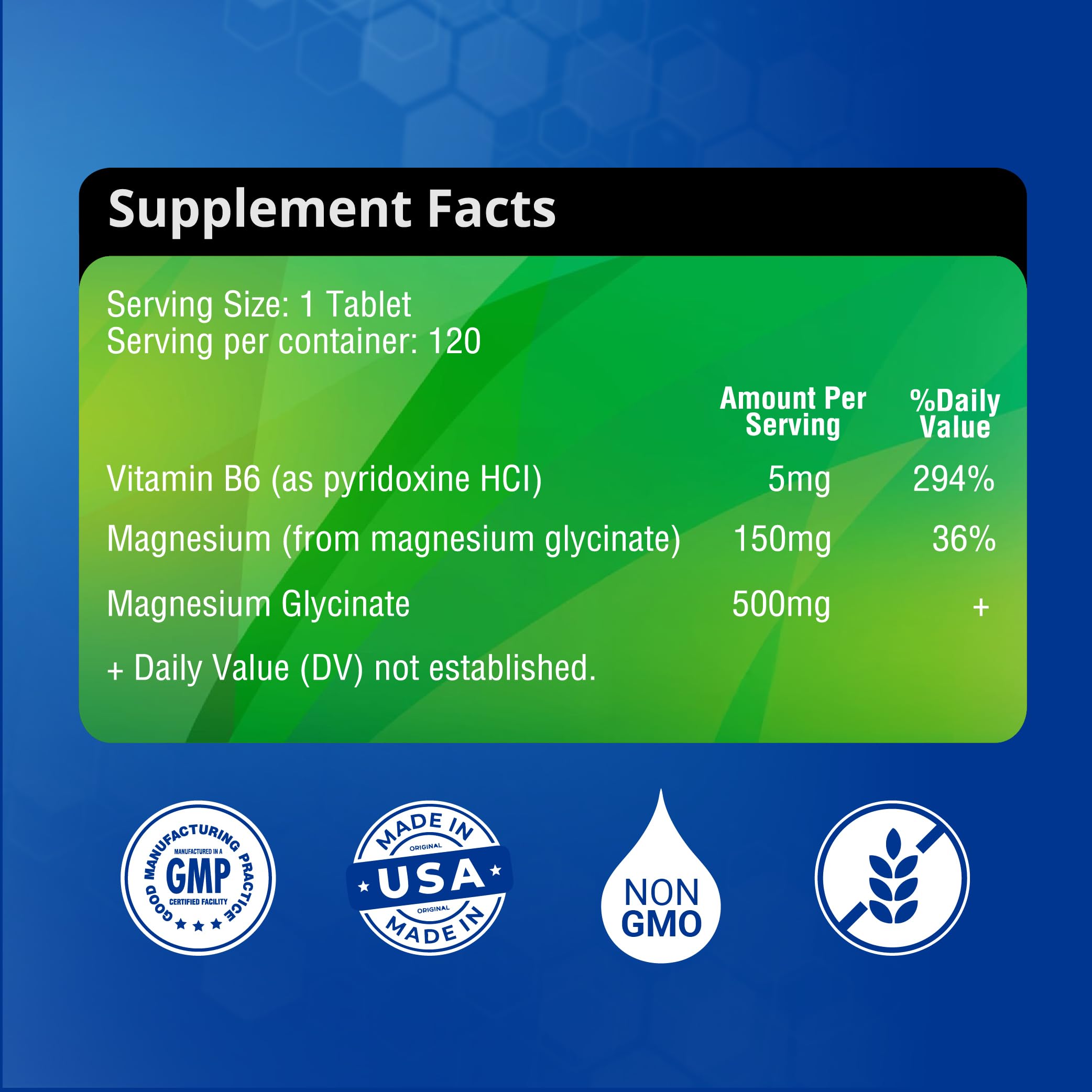 Close-up of bottle and label for Magnesium Glycinate 500mg with B6