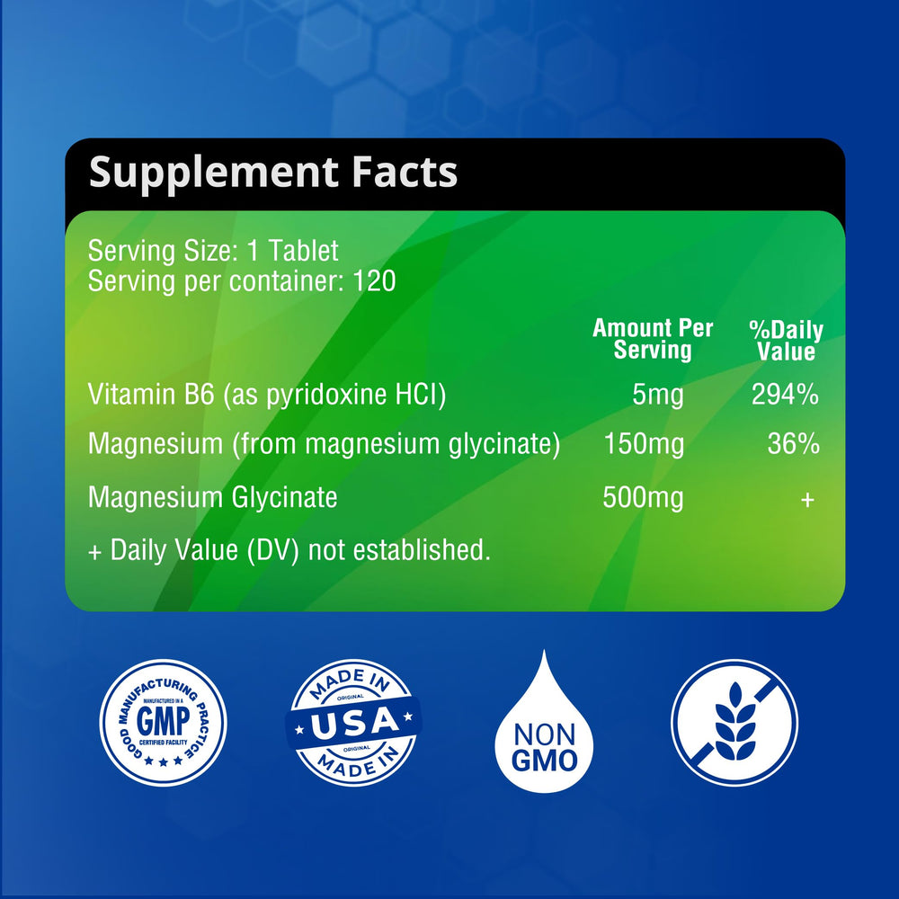 Close-up of bottle and label for Magnesium Glycinate 500mg with B6