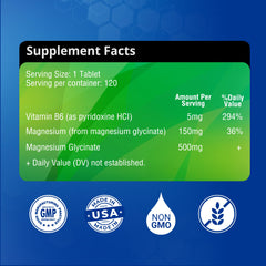 Close-up of bottle and label for Magnesium Glycinate 500mg with B6