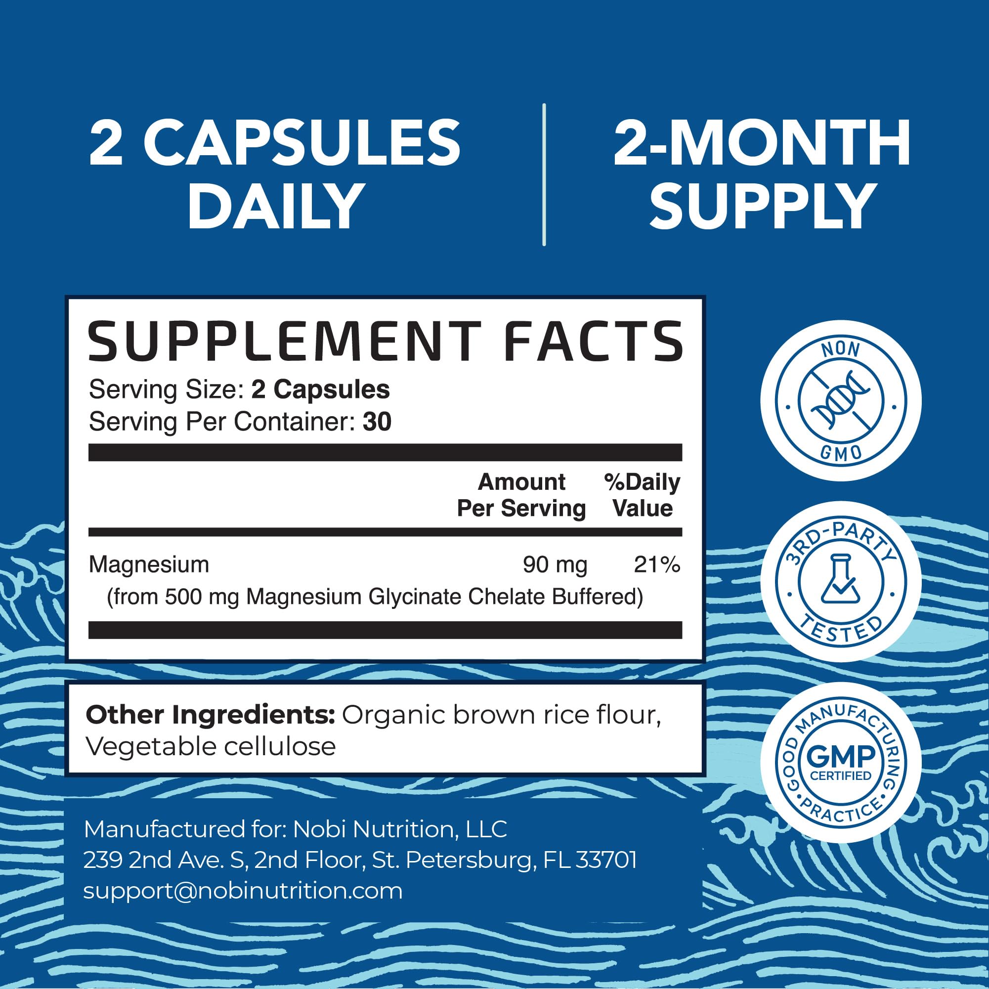 Back label of Magnesium Glycinate 500mg bottle with supplement facts