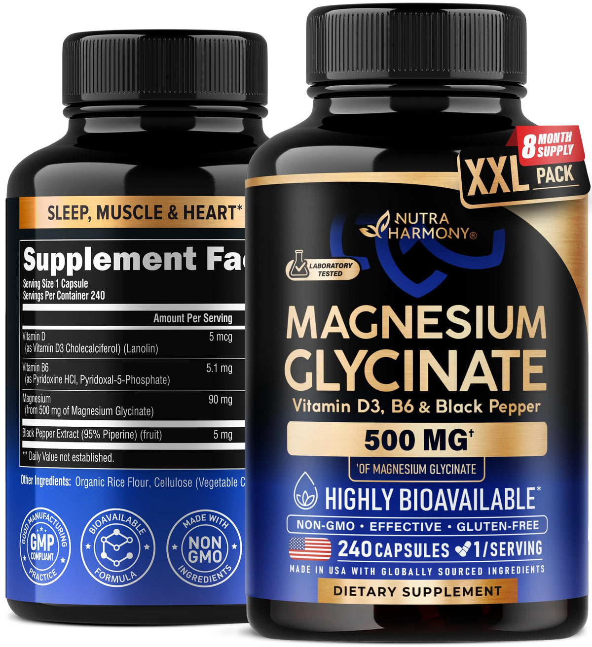 Bottle of Magnesium Glycinate 500 mg capsules on white background