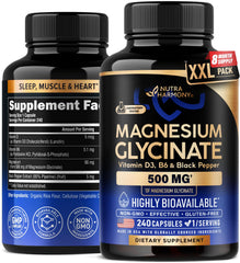 Bottle of Magnesium Glycinate 500 mg capsules on white background