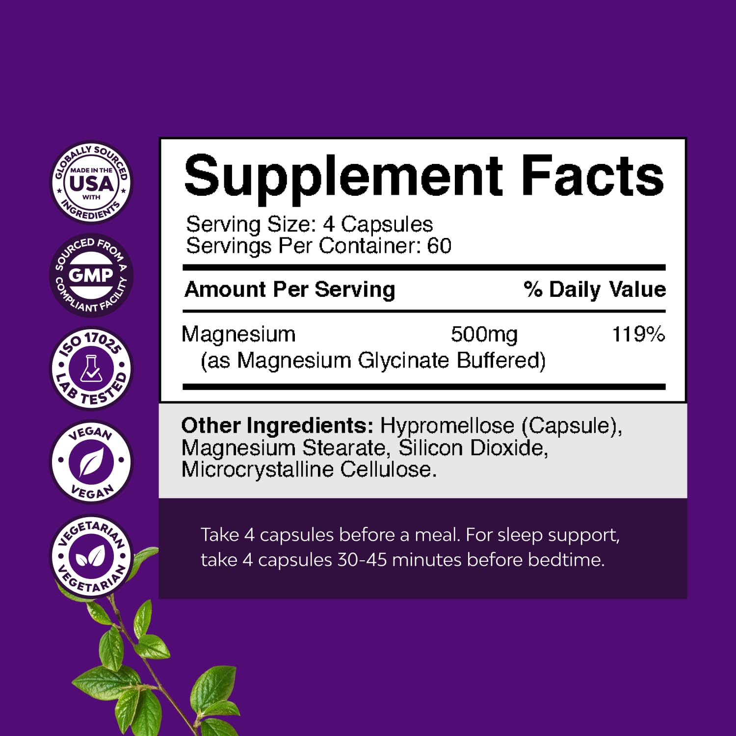 Close-up of magnesium glycinate 500mg capsules