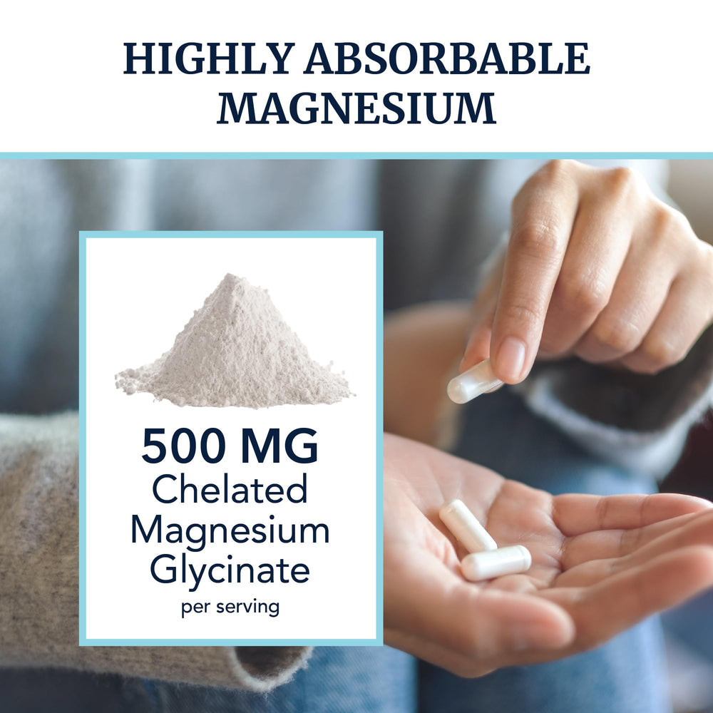 Close up of Magnesium Glycinate 500mg capsules