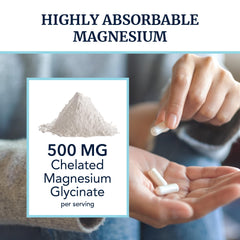 Close up of Magnesium Glycinate 500mg capsules