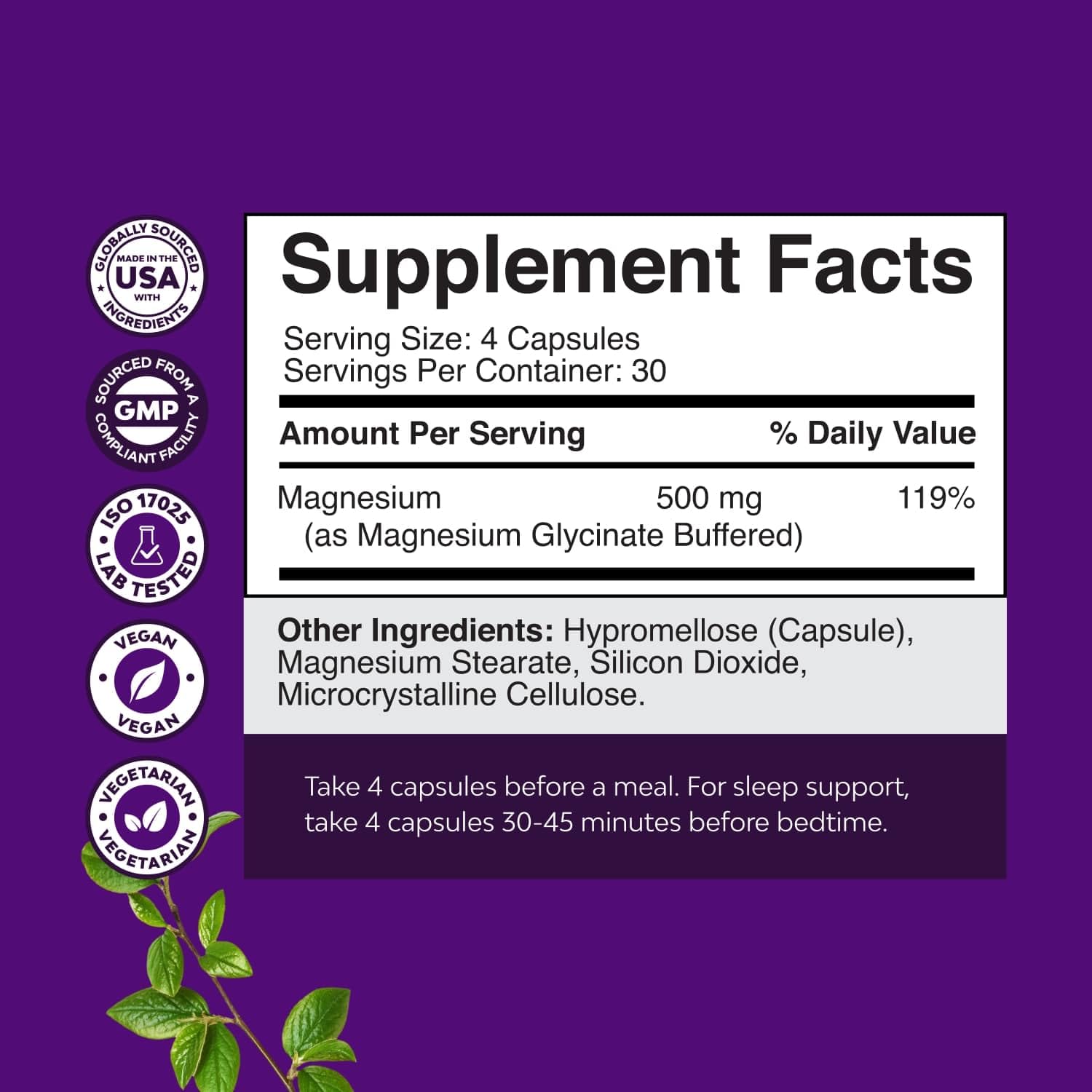 Close-up of magnesium glycinate 500mg capsules showing texture