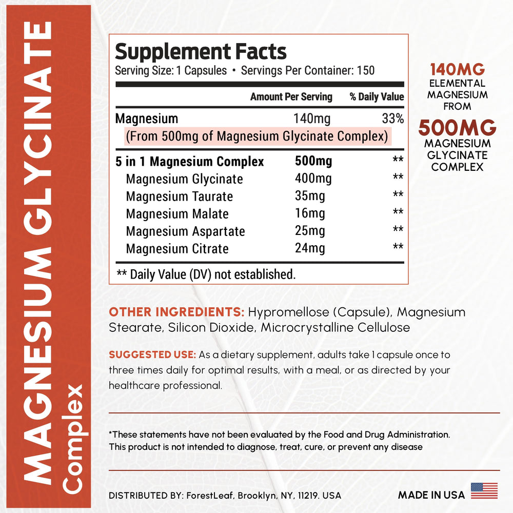 Close-up of Magnesium Glycinate 500mg capsules in bottle