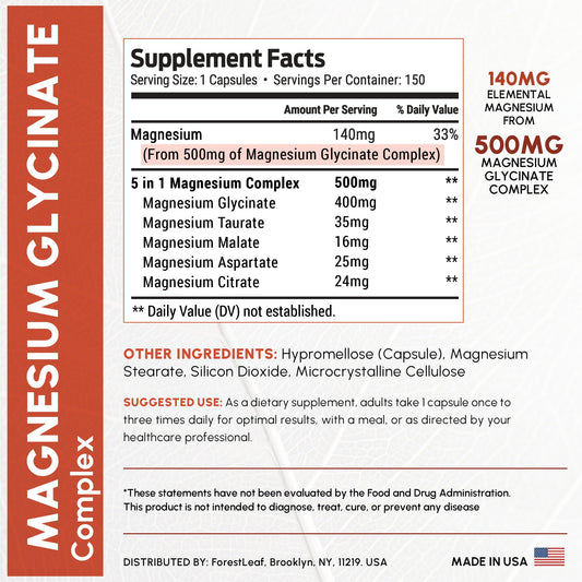 Close-up of Magnesium Glycinate 500mg capsules in bottle