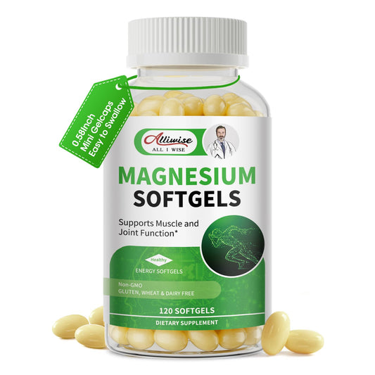 Front view of Magnesium Glycinate 500mg softgels bottle, 120-count