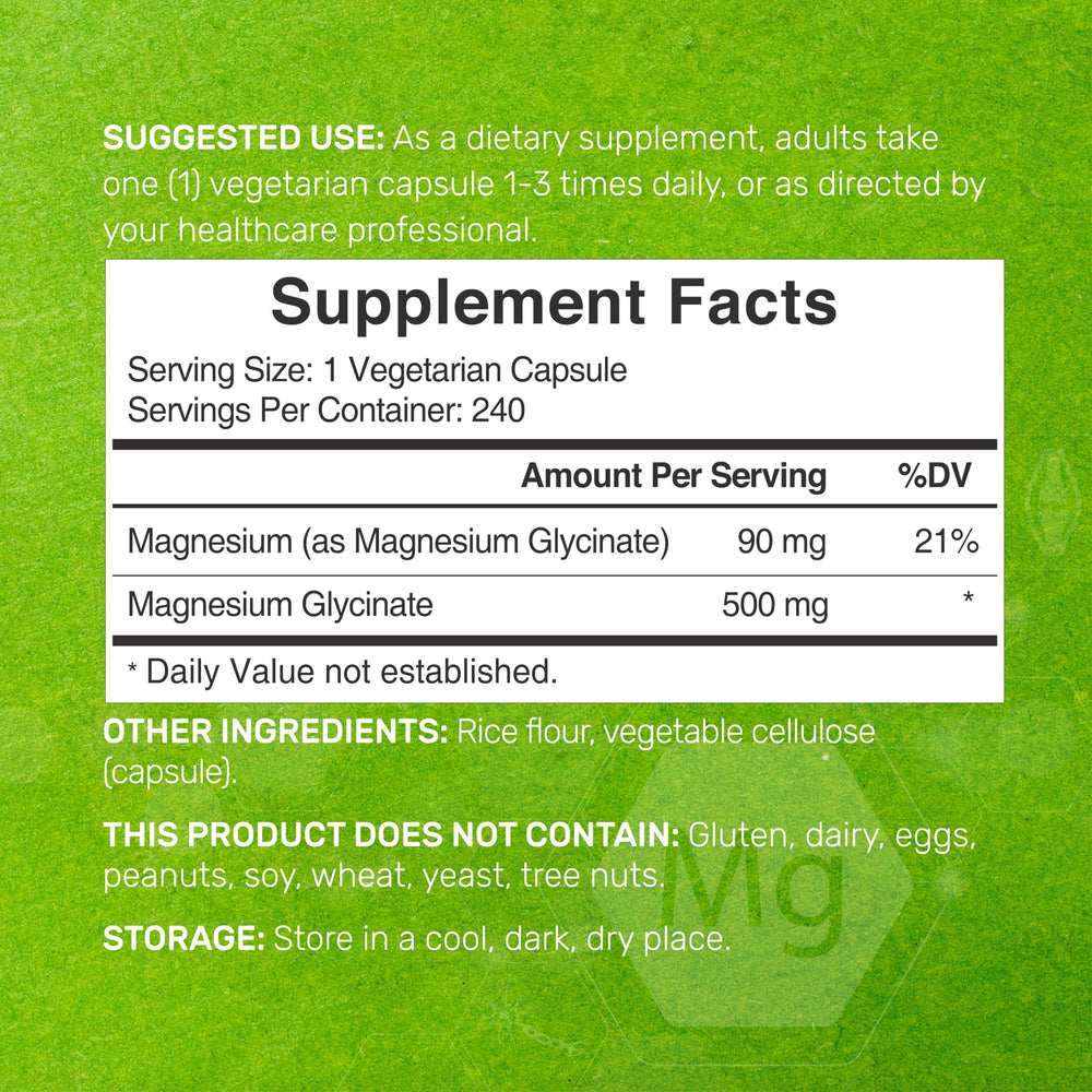 Close-up of magnesium glycinate 500mg vegetarian capsules