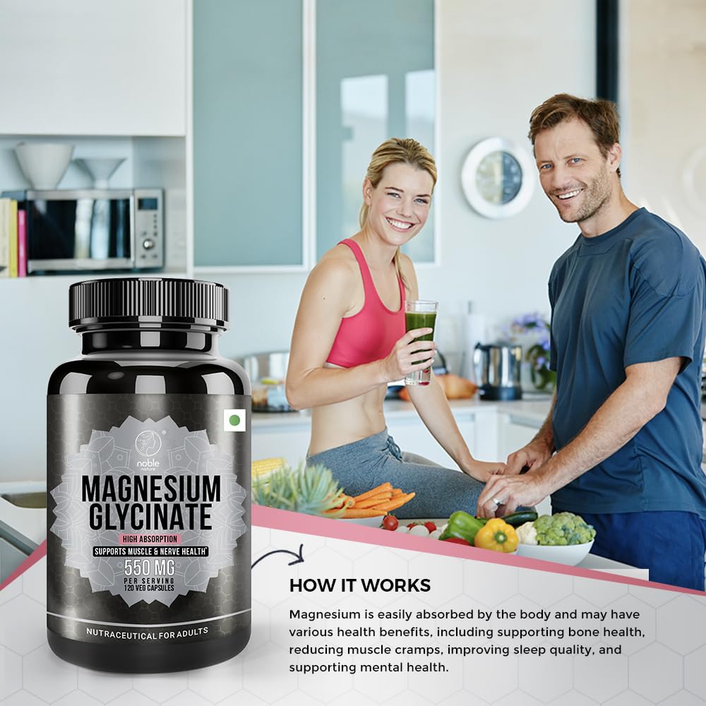 Bottle front label showing Magnesium Glycinate 550mg - 120 Veg Capsules - 4 Months Supply