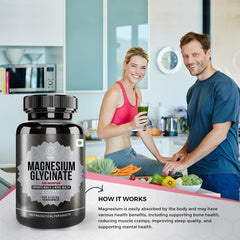 Bottle front label showing Magnesium Glycinate 550mg - 120 Veg Capsules - 4 Months Supply