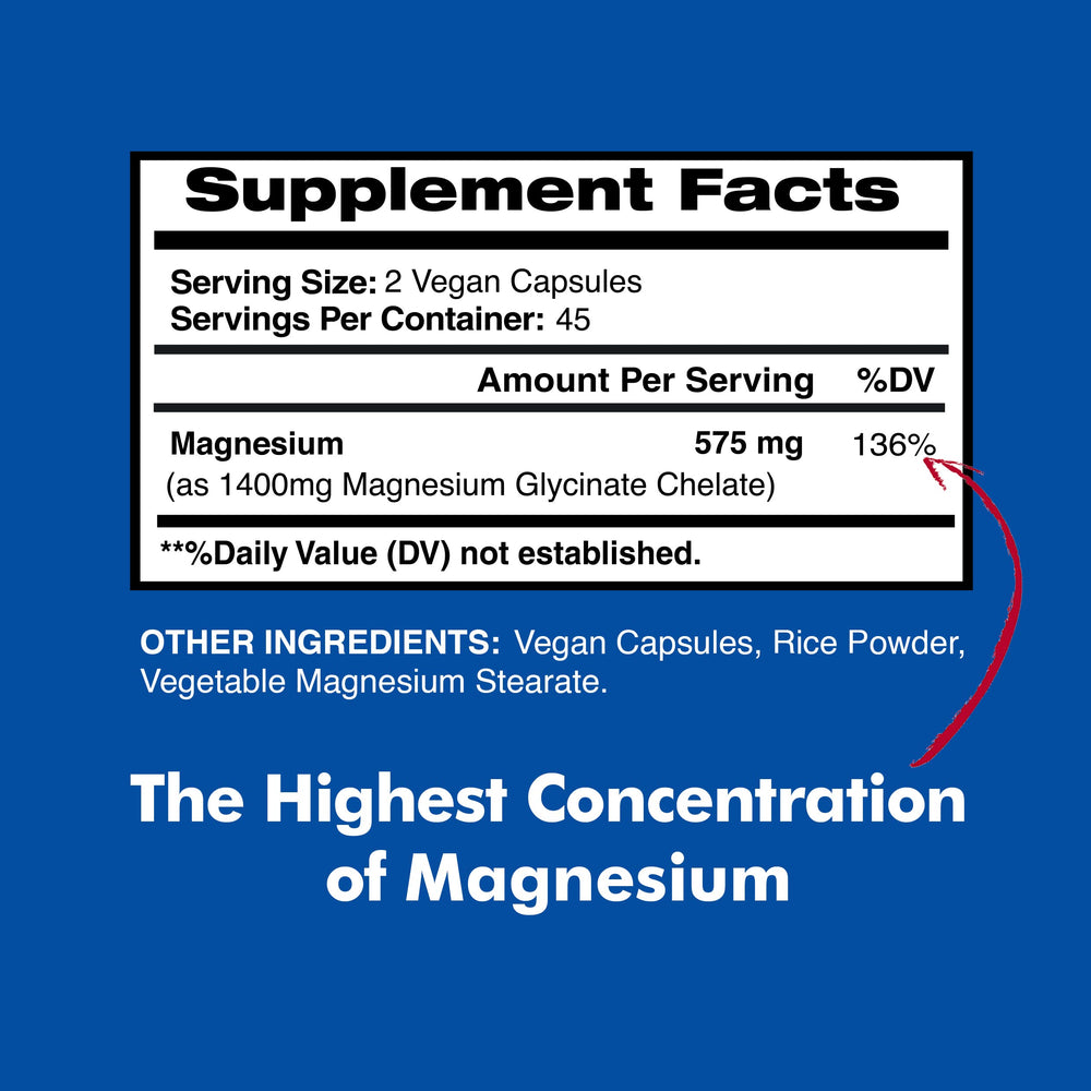Close-up of 575mg magnesium glycinate veggie capsules