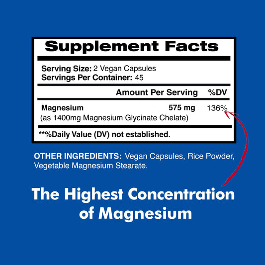 Close-up of 575mg magnesium glycinate veggie capsules