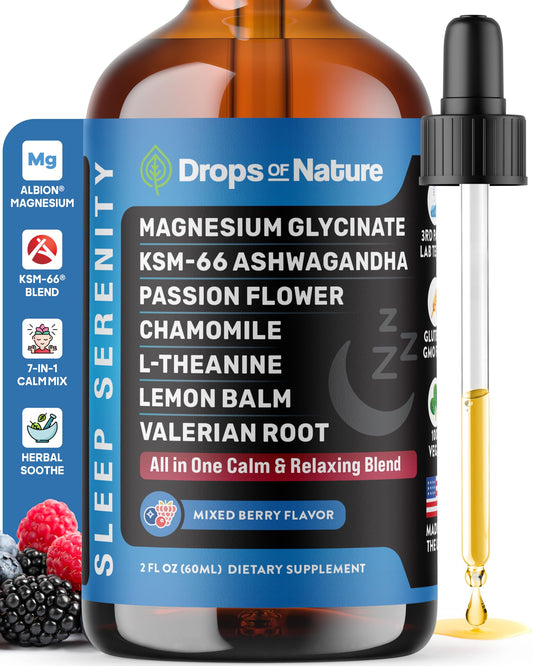 Front view of Magnesium Glycinate & Ashwagandha Liquid Drops 60mL bottle