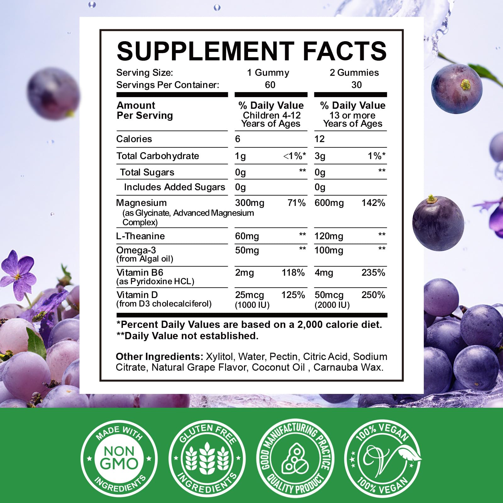 Gummies highlighting brain health, sleep support, and stress relief from magnesium glycinate.