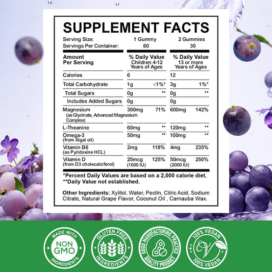 Gummies highlighting brain health, sleep support, and stress relief from magnesium glycinate.