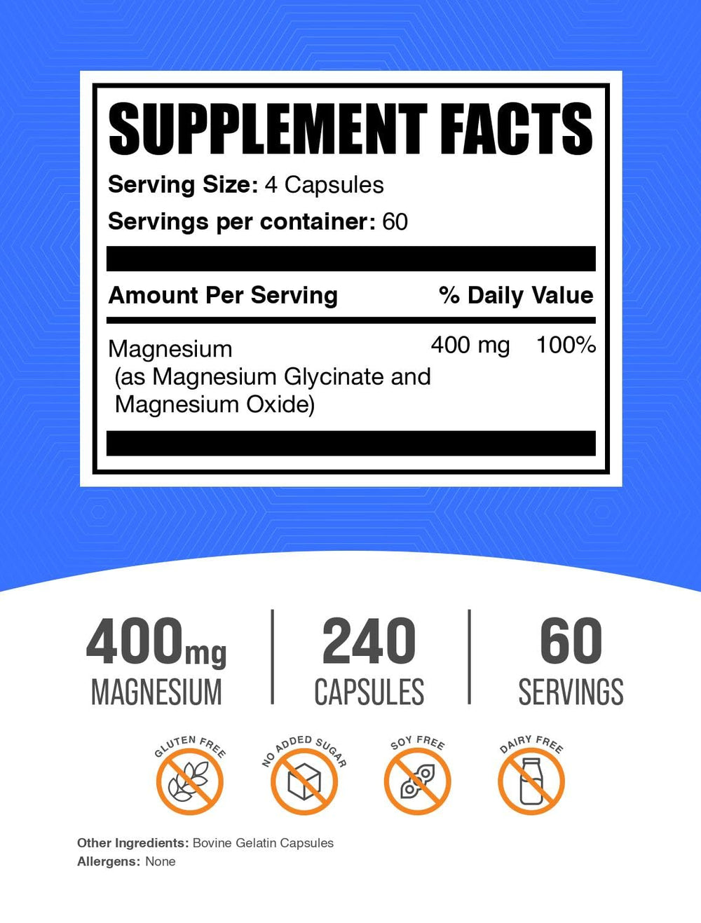 Close-up of Magnesium Glycinate capsules with 400 mg serving