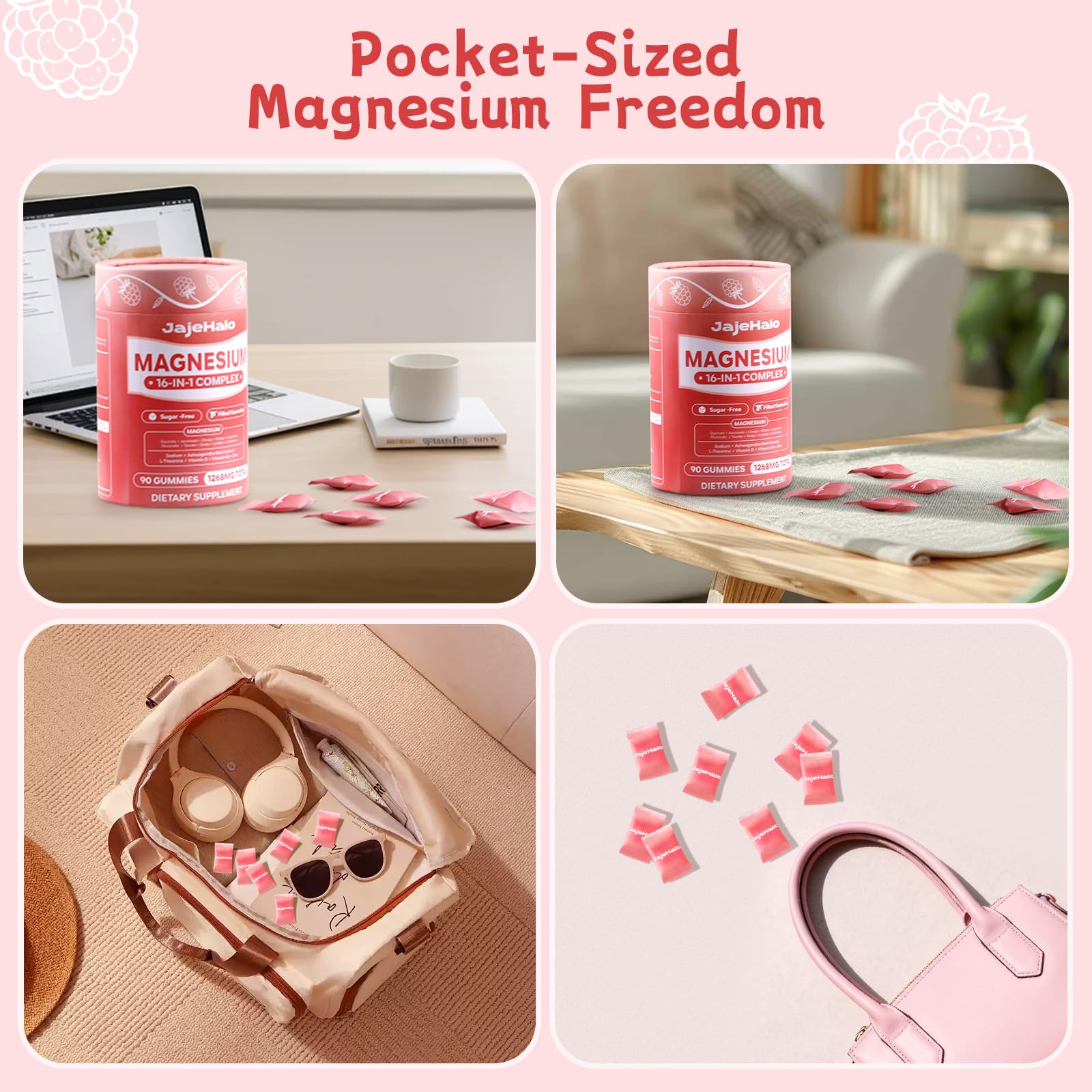 Lifestyle scene showing travel-ready magnesium gummies for on-the-go use