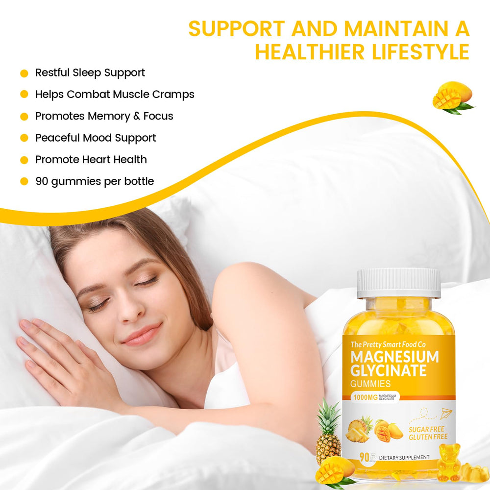 Mango pineapple flavored magnesium glycinate gummies on white background