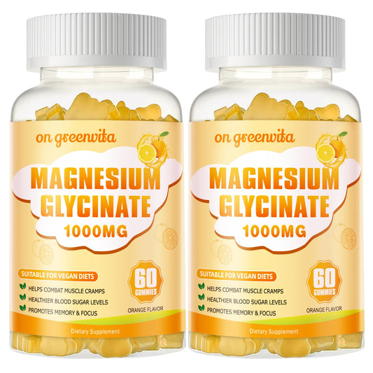 Front view of Magnesium Glycinate Gummies 1000mg orange 120-count two-pack