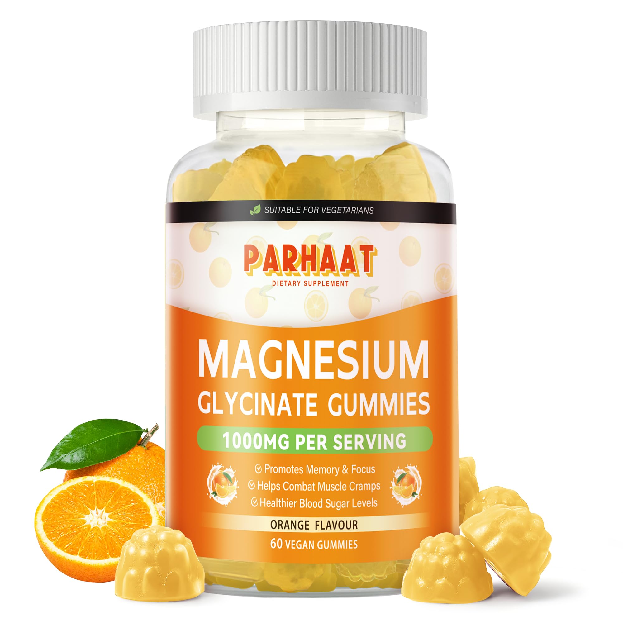 Front view of Magnesium Glycinate Gummies 1000mg orange 60 pack