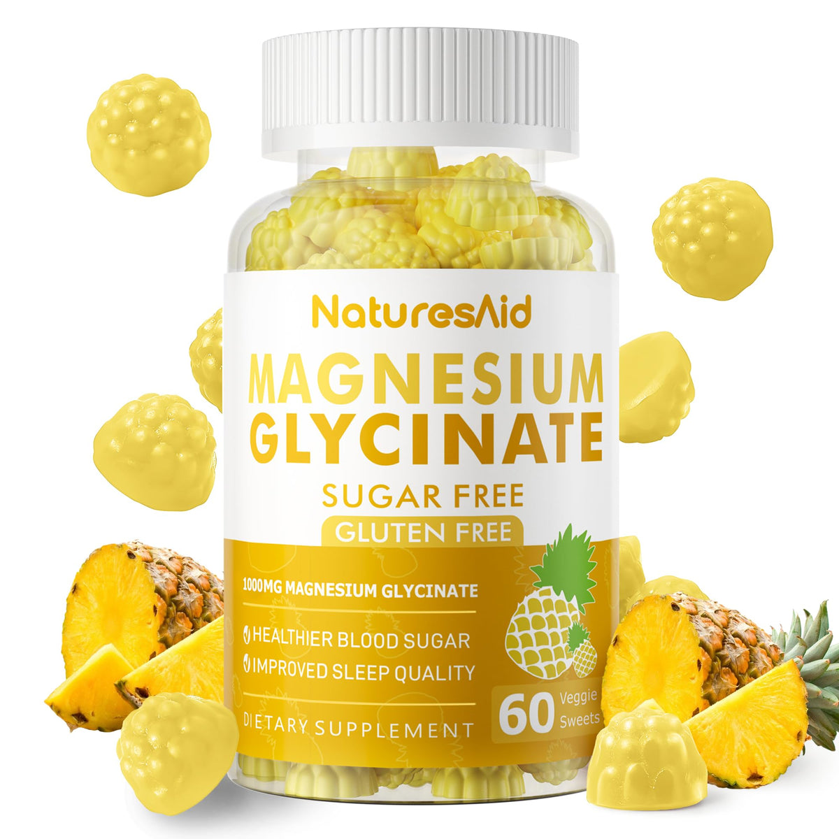 Front view of Magnesium Glycinate Gummies 1000mg pineapple flavor bottle