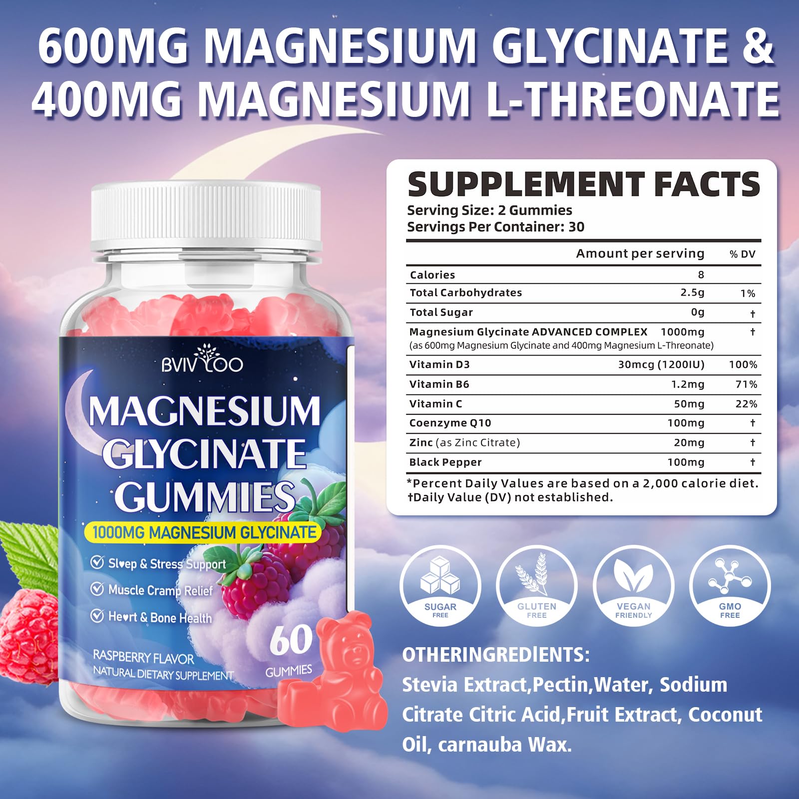 Close-up of ingredients: magnesium glycinate, D3, B6, and CoQ10