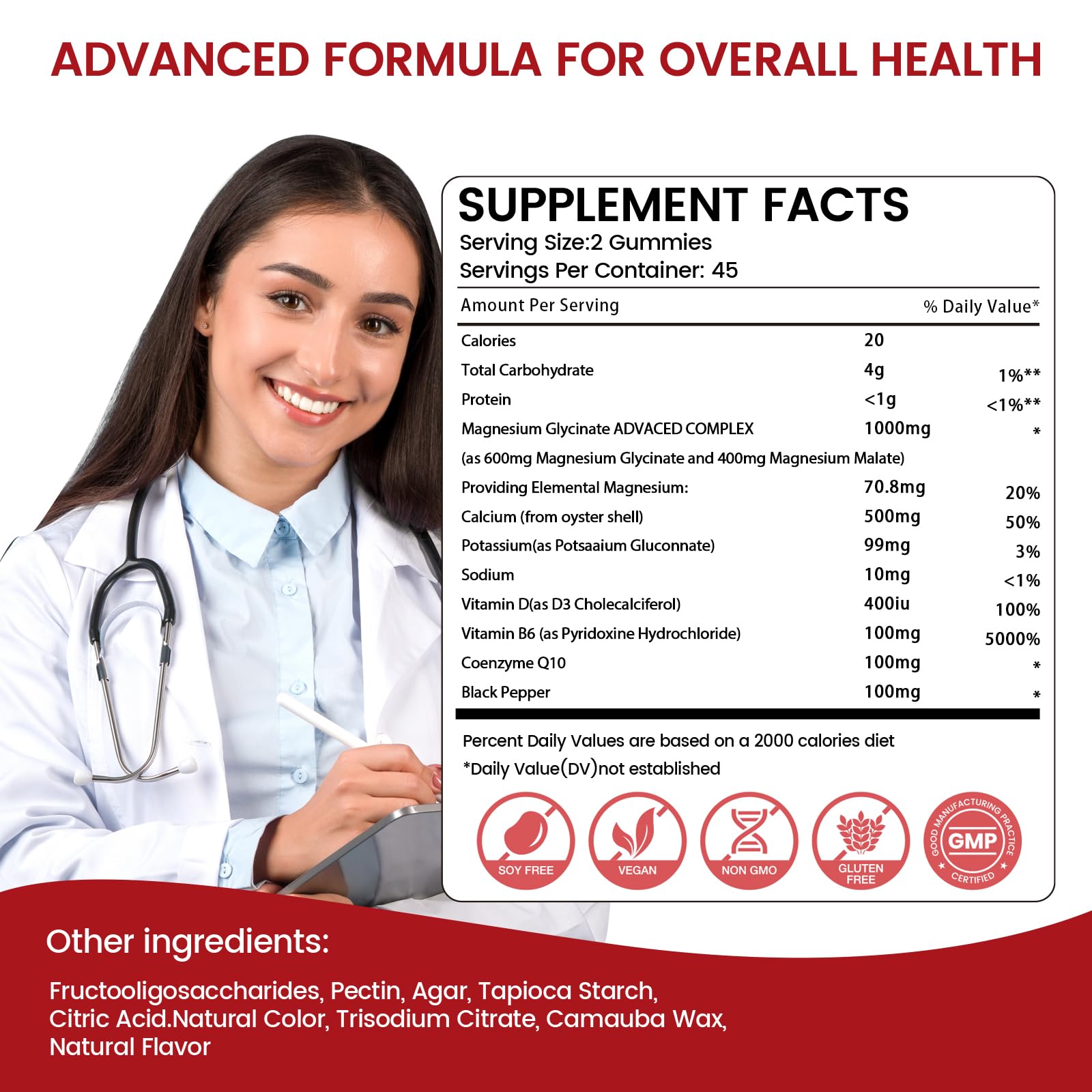 Back of Magnesium Glycinate Gummies 1000mg strawberry flavor bottle showing label