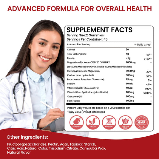 Back of Magnesium Glycinate Gummies 1000mg strawberry flavor bottle showing label