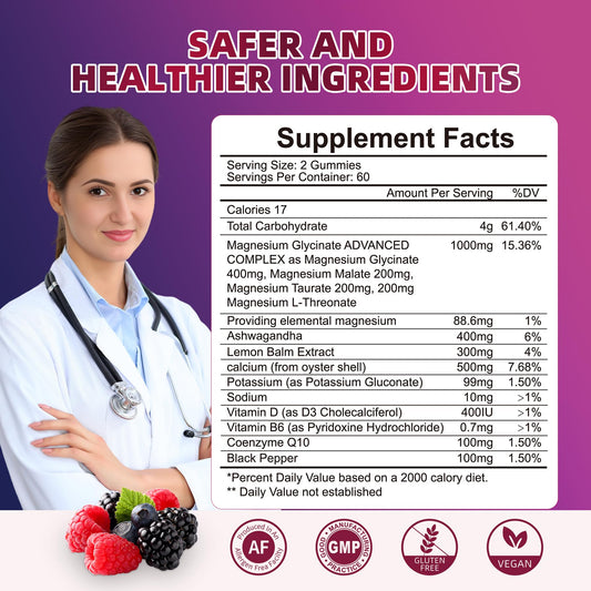 Back label showing supplement facts on Magnesium Glycinate Gummies bottle