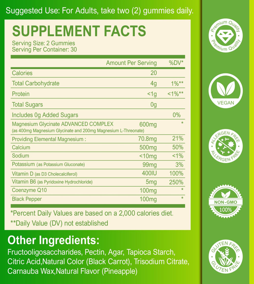 Supplement facts showing 400 mg magnesium glycinate and 200 mg magnesium L-threonate per serving