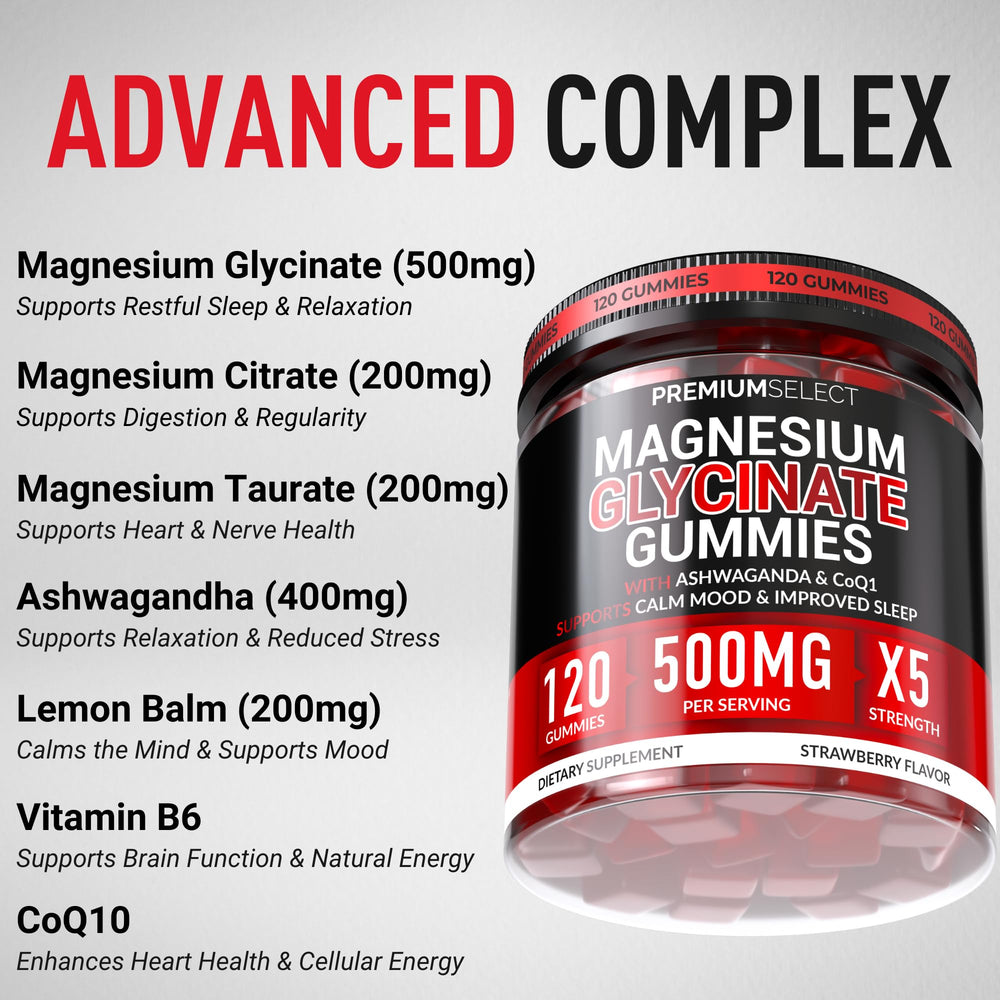 Illustration of Ashwagandha, Lemon Balm, CoQ10, Calcium, and Vitamin B6 ingredients