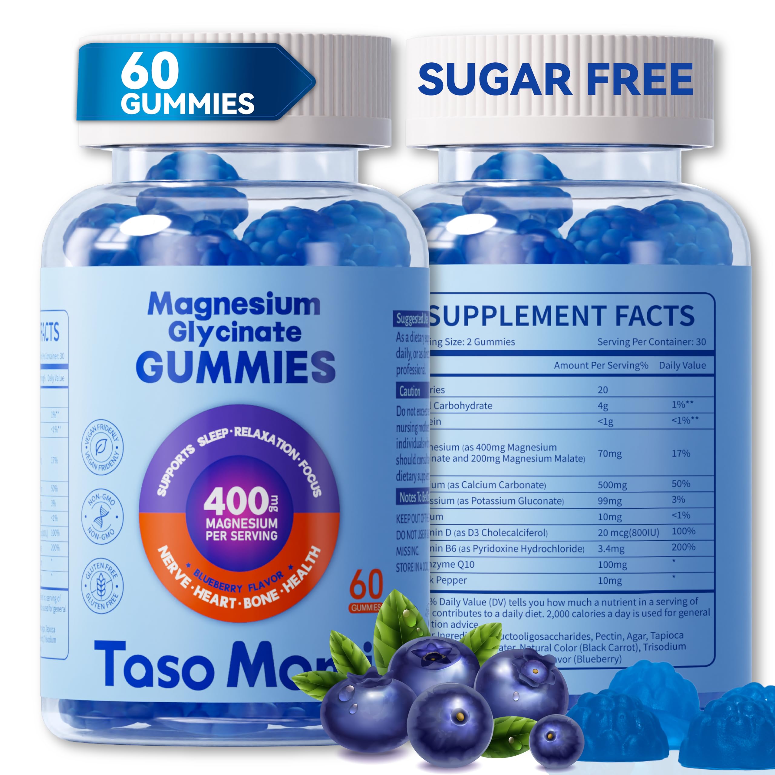 Front packaging of Magnesium Glycinate Gummies in blueberry flavor