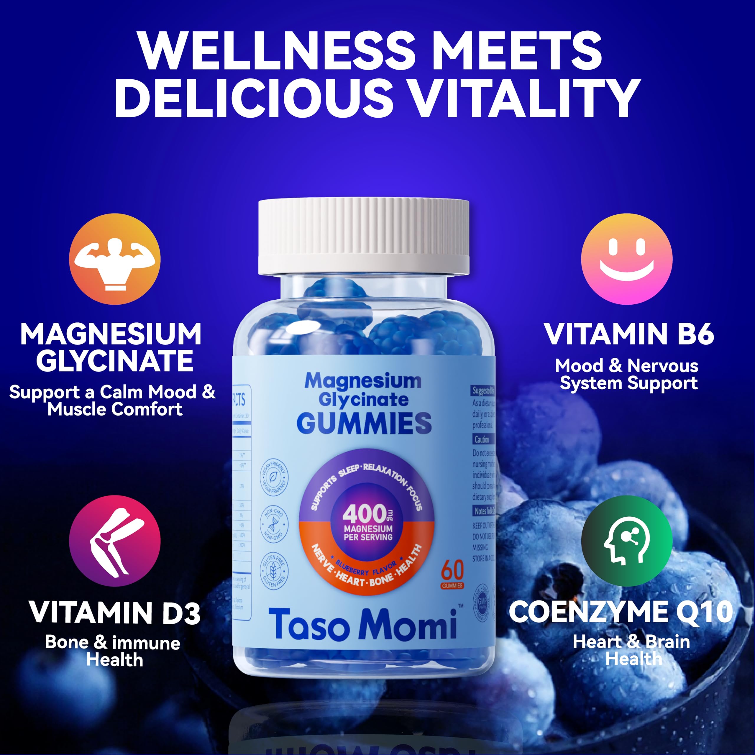 Label highlighting vitamin D3, B6, C and CoQ10 on gummies