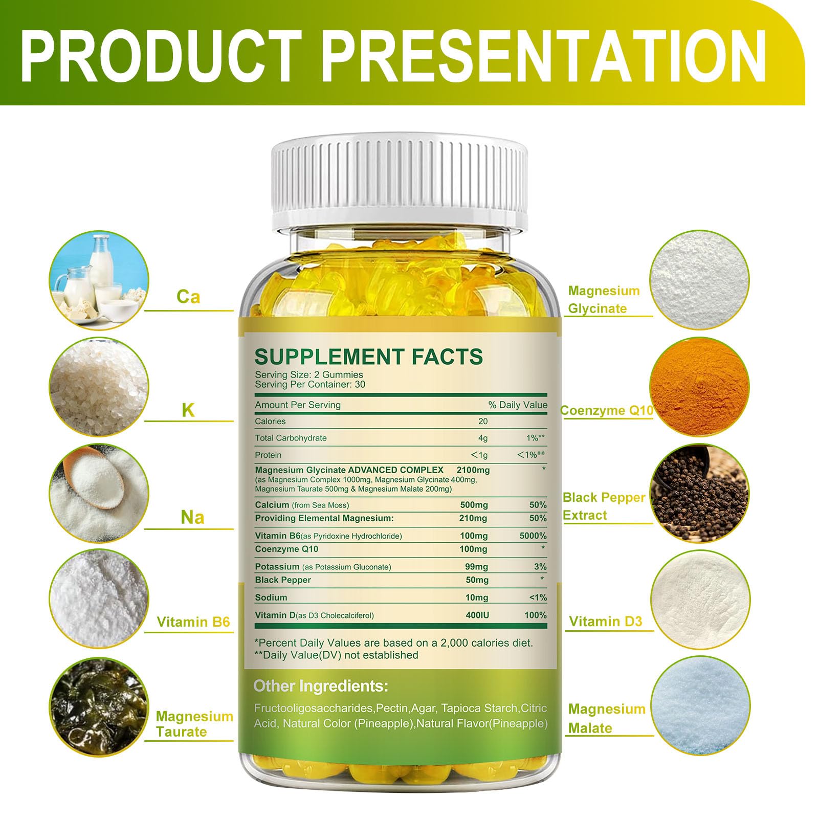 Close-up of ingredients for Magnesium Glycinate Gummies