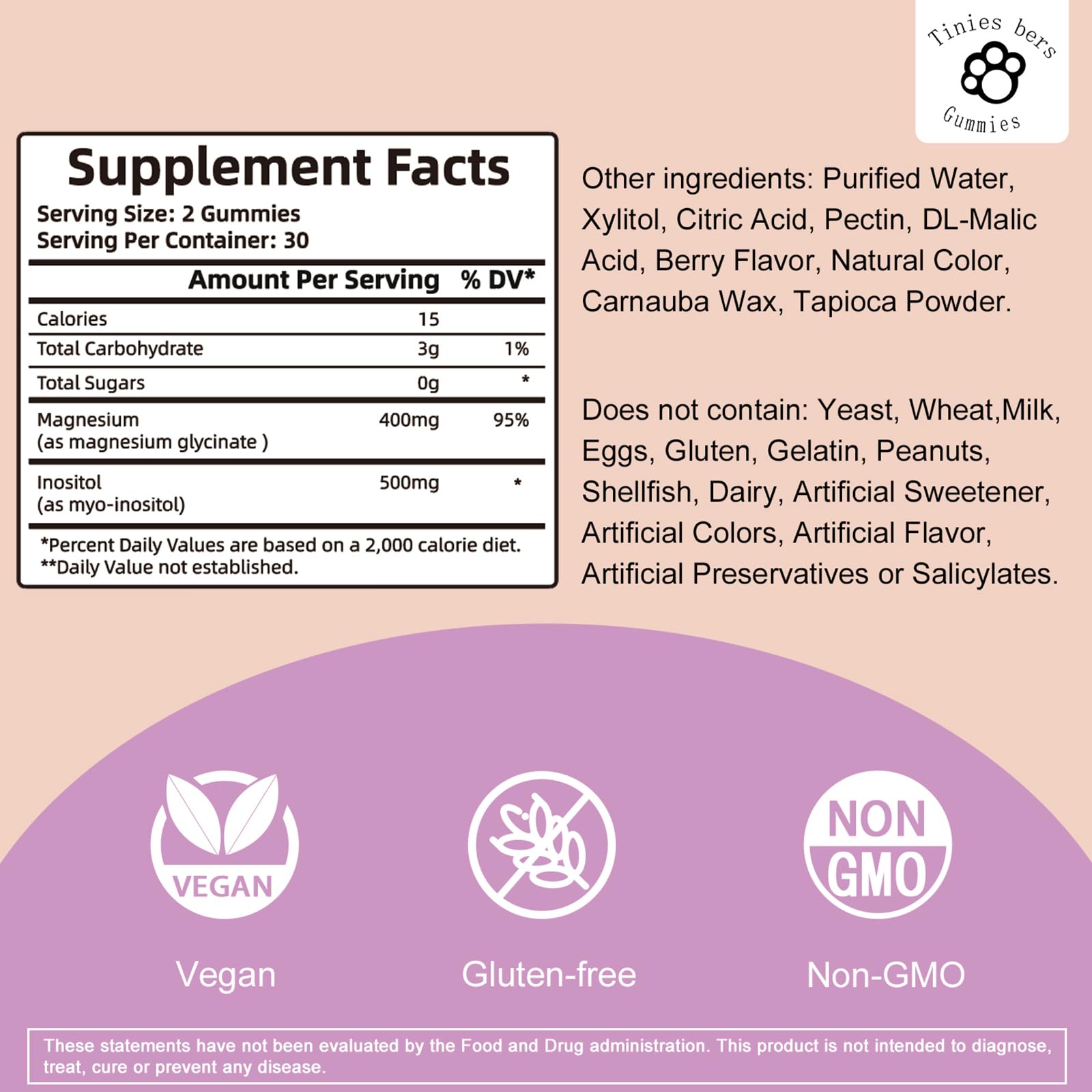 Ingredients and nutrition panel for Magnesium Glycinate Gummies