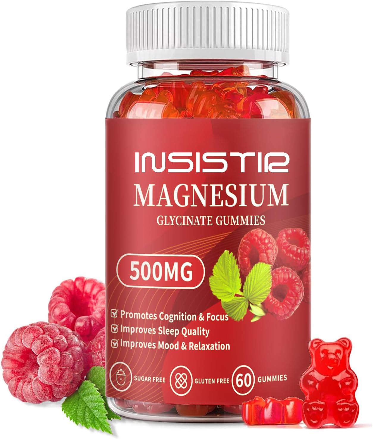 Bottle of Magnesium Glycinate Gummies 60 Raspberry, 500mg